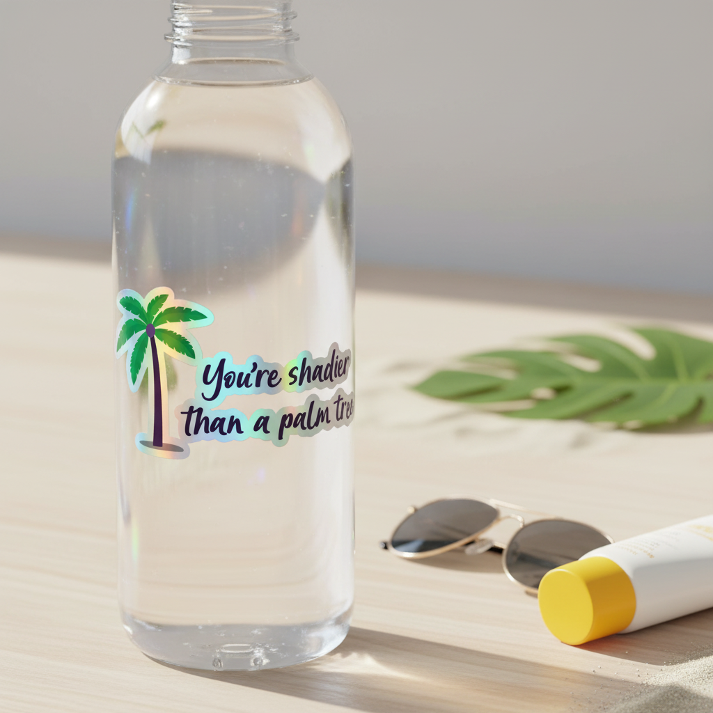 Shadier Than A Palm Tree" holographic stickers with bold lettering and a palm tree graphic, lounging among sunnies, sunscreen, and greenery.