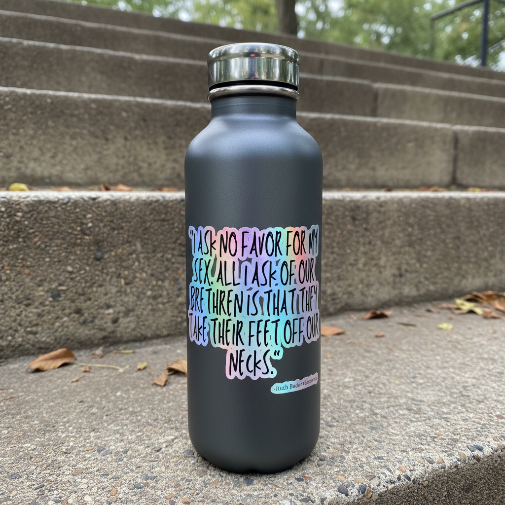 Holographic "No Favor For My Sex" sticker with “Ask no favor for my sex, all I ask of our brethren is that they take their feet off our necks” shines on a matte gray water bottle, chilling on outdoor concrete steps with blurred trees behind.