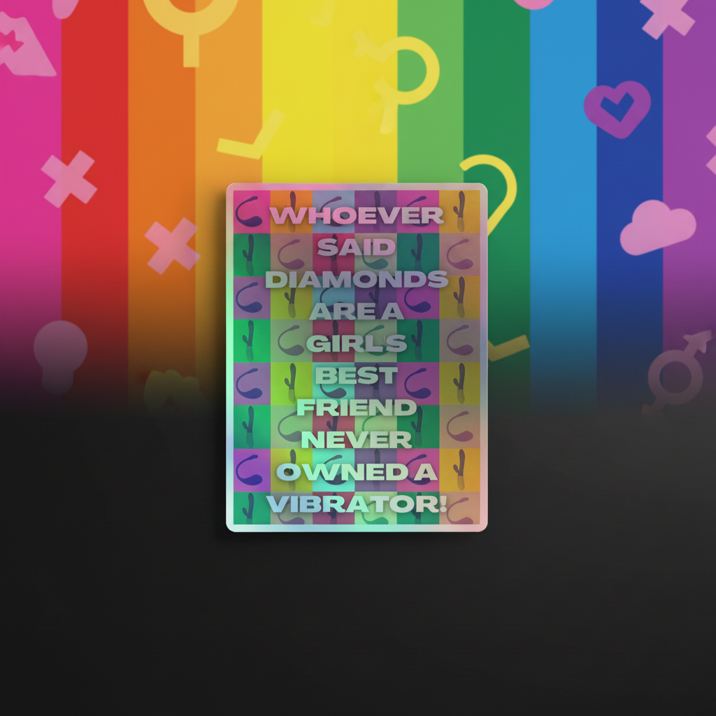 Never Owned A Vibrator holographic stickers with rainbow stripes, gender symbols, and the quote: "Whoever said diamonds are a girl’s best friend never owned a vibrator!"—queer, playful, and vibrant.