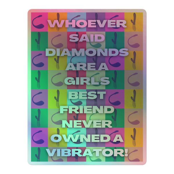 Never Owned A Vibrator Holographic Stickers feature vibrant silhouettes on a pop-art checkerboard, celebrating queer pride with durable, hot-embossed vinyl for bold self-expression and inclusivity.
