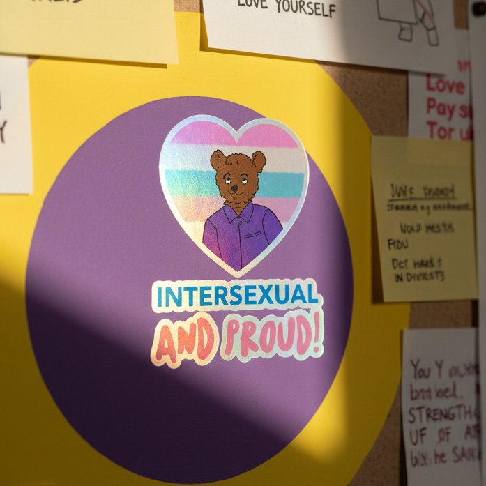 Holographic "INTERSEXUAL AND PROUD!" stickers with a bear on the intersex flag heart, surrounded by queer note paper vibes.