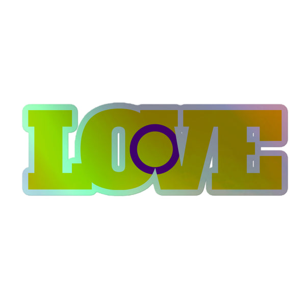 Intersex Love Holographic Stickers featuring LOVE in chunky block letters, with a vibrant green-yellow gradient and a purple ring O, embodying queer pride, empowerment, and self-expression.