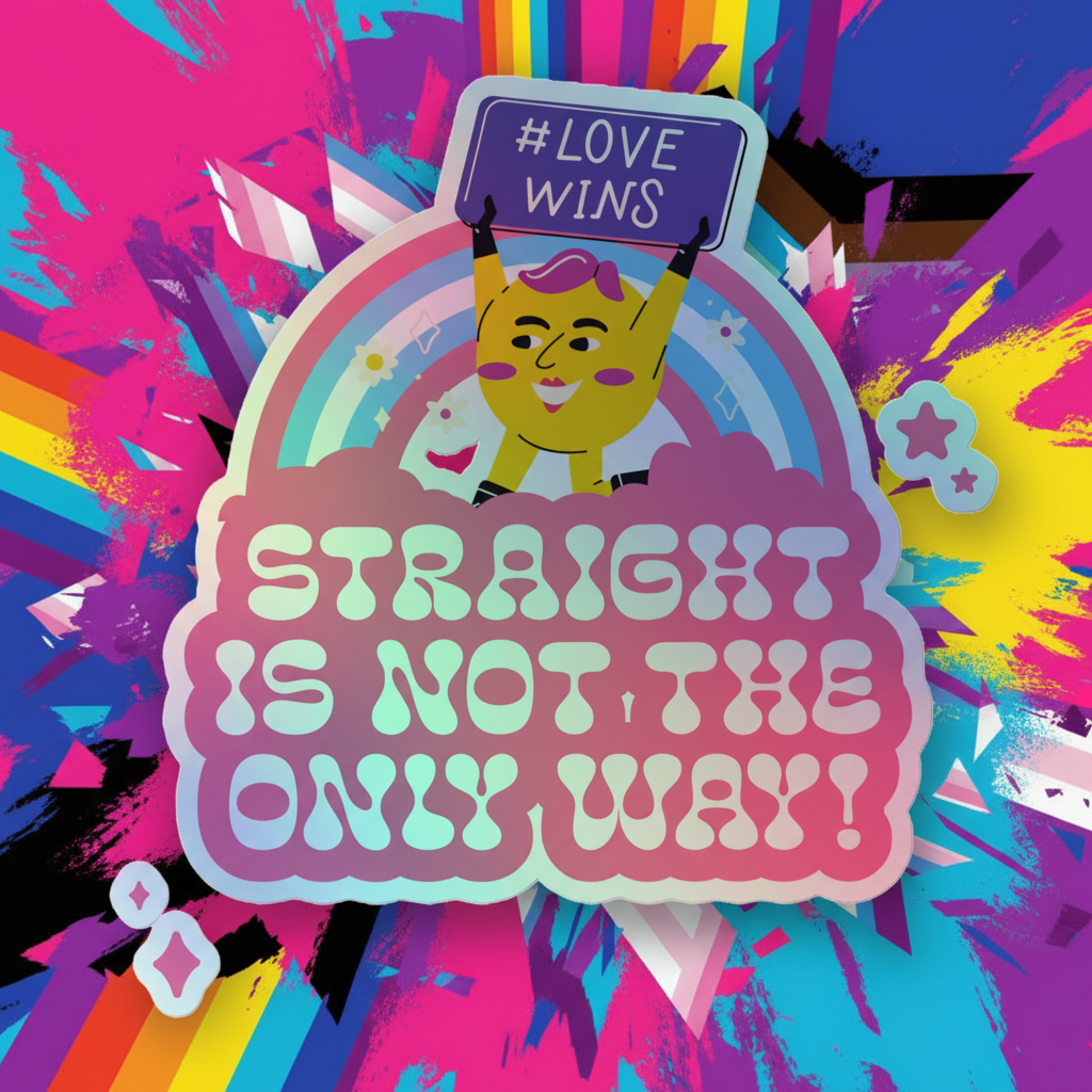 Holographic Pride stickers show a queer cartoon with purple hair holding a #LOVEWINS sign above a rainbow and bold text: "Straight Is Not The Only Way! Holographic Stickers" on a colorful, vibrant background.