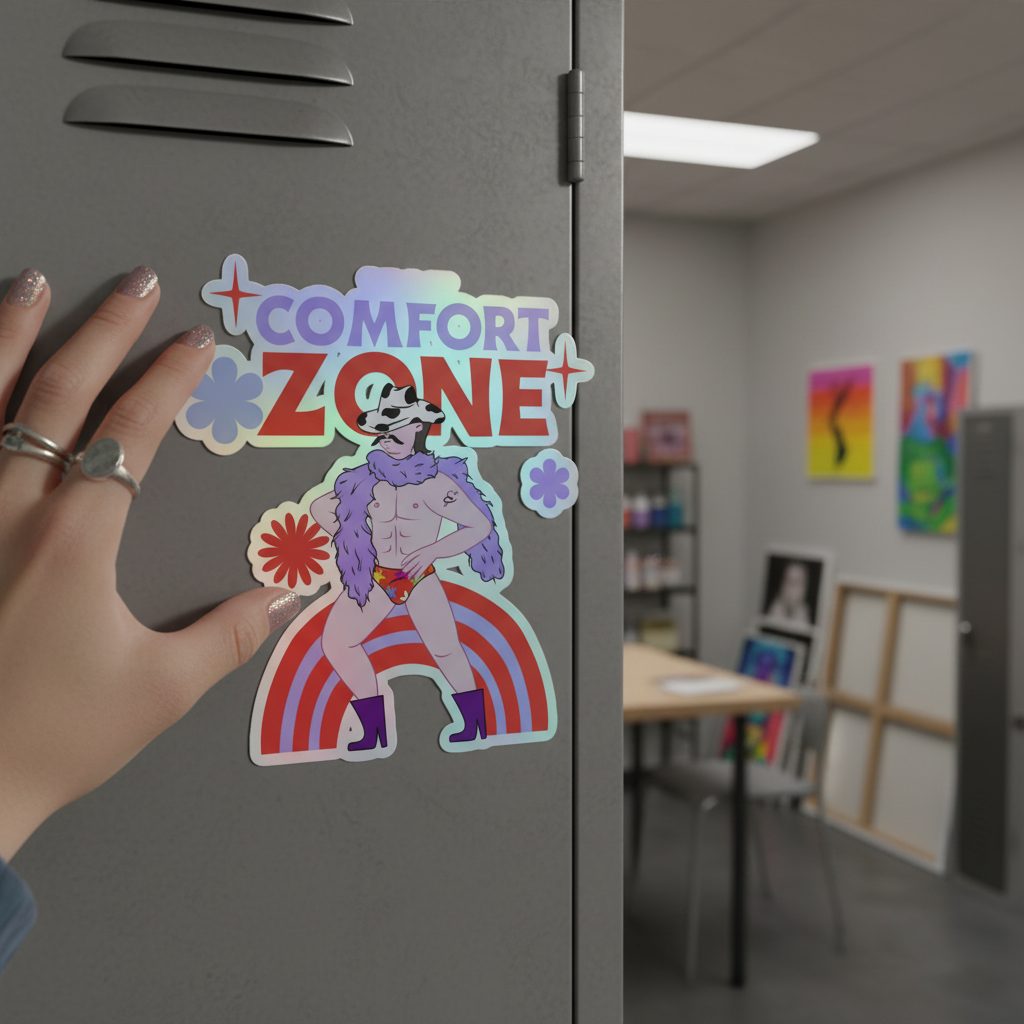 Holographic "This Is My Comfort Zone" sticker with a rainbow, flowers, and bold queer figure in fur coat, red briefs, purple boots, set on a gray locker. Hand with rings presses it on; art room backdrop.