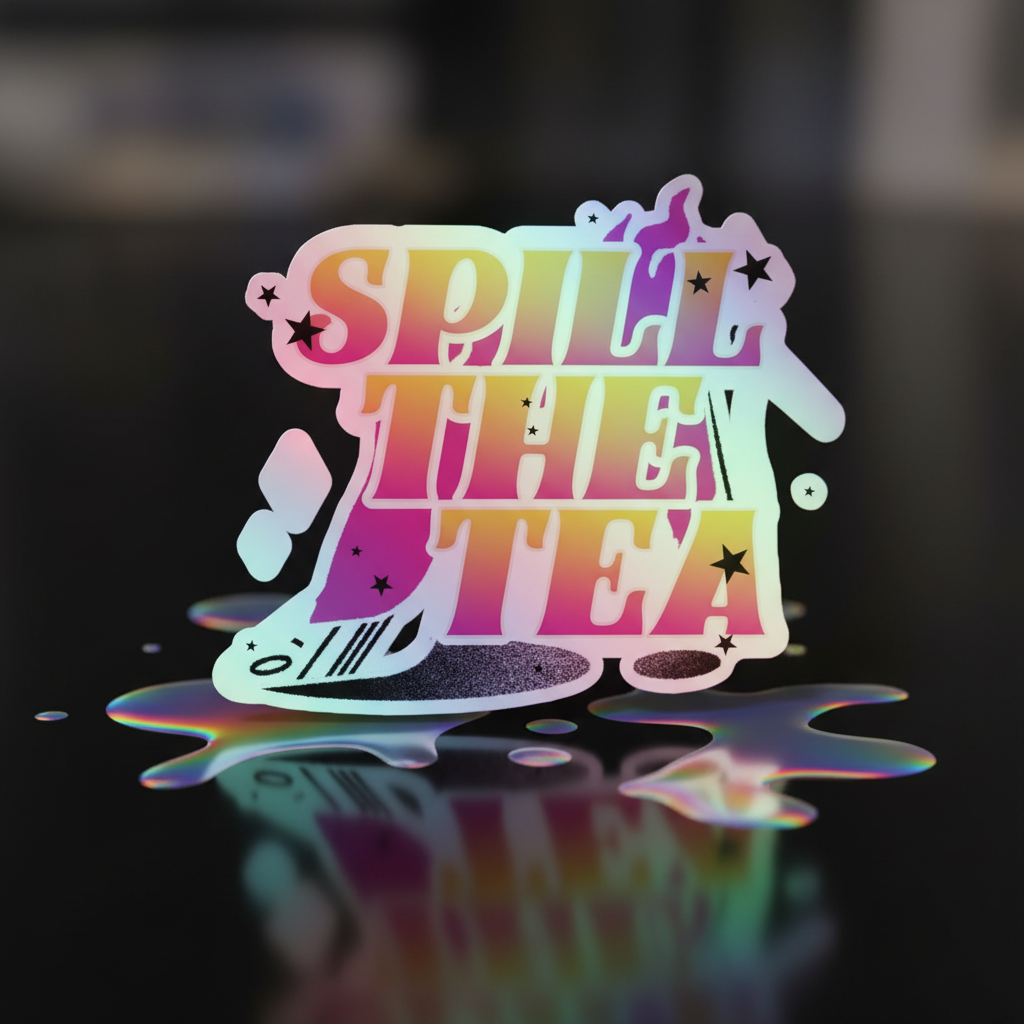 “SPILL THE TEA” Holographic Stickers feature bold block letters with a liquefied effect, surrounded by star accents and a rainbow shimmer, embodying unapologetic queer pride and self-expression.