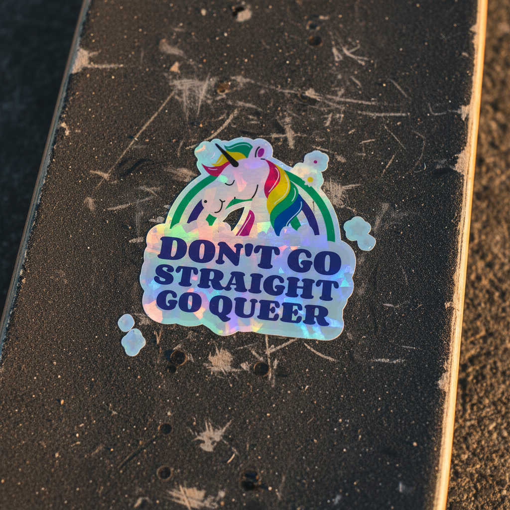 A holographic sticker on a worn black-grip skateboard deck features a rainbow-maned unicorn and DON’T GO STRAIGHT GO QUEER, embodying bold, unapologetic queer pride and self-expression.