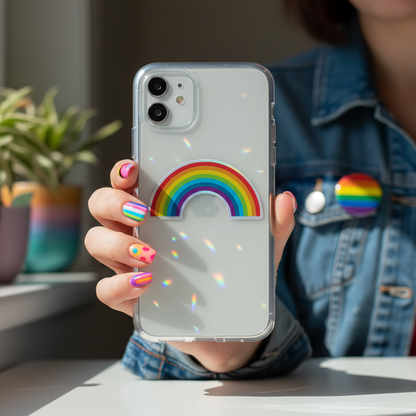 A person holds an iPhone with a clear case featuring a half-circle rainbow decal. Their pride-inspired nails and a denim jacket with a rainbow button showcase the Queer In The World style.