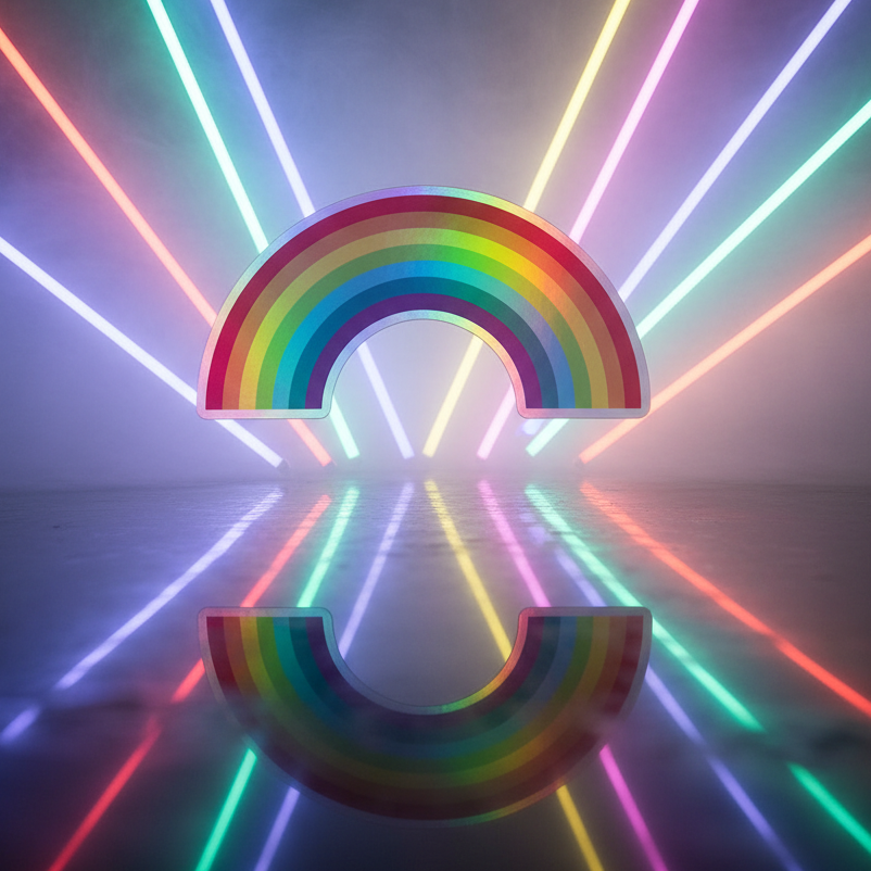 Rainbow Holographic Stickers: A bold, semi-circular rainbow arch sculpture and neon fan radiate vivid colors, capturing the unapologetic, shimmering essence of queer pride and self-expression.