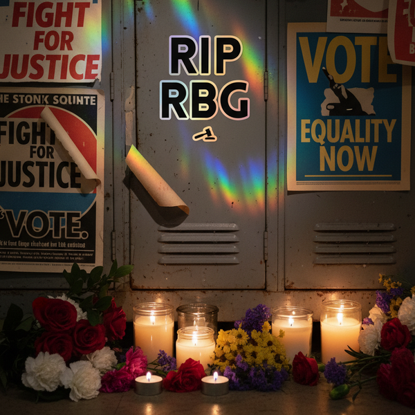 Rip RBG Holographic Stickers shine vibrantly, featuring a bold RIP RBG tribute with rainbow hues and a 3D pattern, celebrating queer identity and prideful self-expression in a dazzling, unapologetic display.