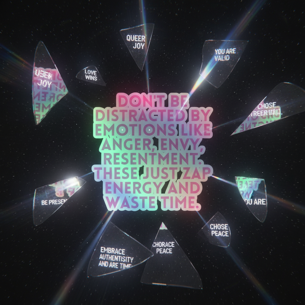 The Don't Be Distracted By Emotions Holographic Stickers feature vibrant rainbow-gradient text amidst a cosmic scene, surrounded by uplifting slogans on prism-shaped shards, embodying bold queer pride and self-expression.