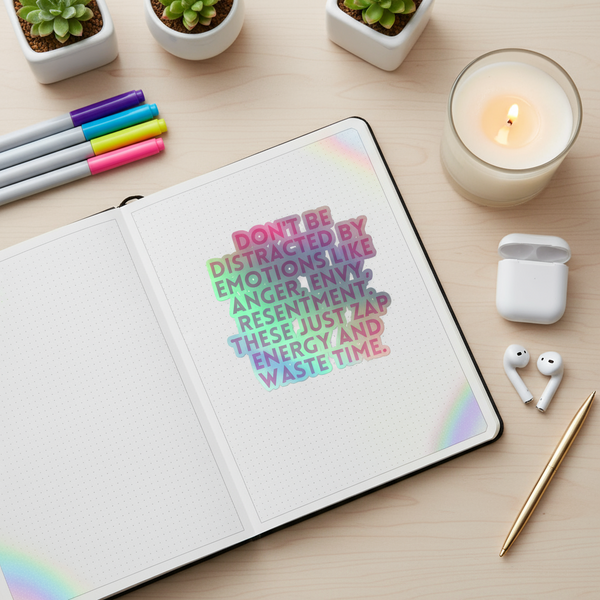 Open notebook featuring the Don't Be Distracted By Emotions Holographic Stickers with a pastel-holographic quote, surrounded by colorful markers, potted succulents, a lit candle, and wireless earbuds on a wooden desk.