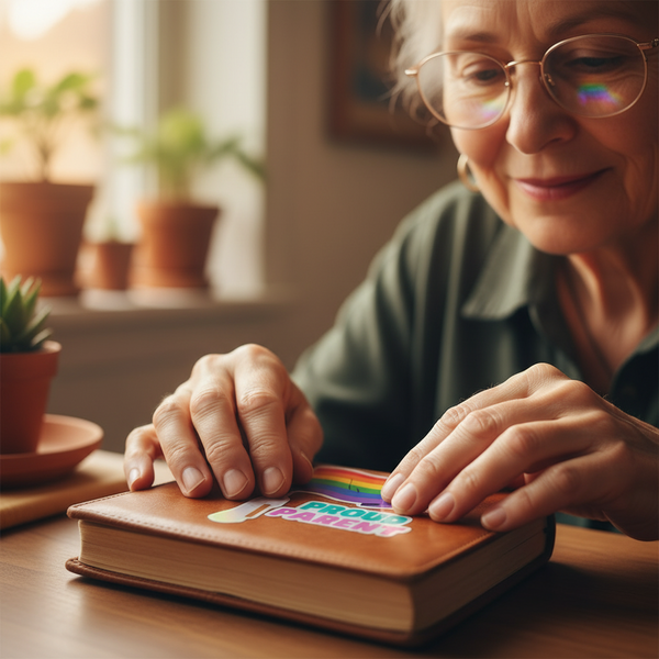 An older woman, smiling, applies a PROUD PARENT decal from Proud Parent Holographic Stickers onto a leather journal, capturing a heartwarming moment of queer pride and self-expression.