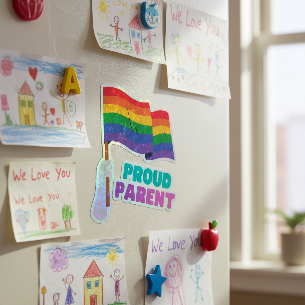 Front of refrigerator adorned with children's artwork, highlighted by a Proud Parent Holographic Sticker. This vibrant, rainbow-patterned emblem symbolizes queer pride, self-expression, and family love.