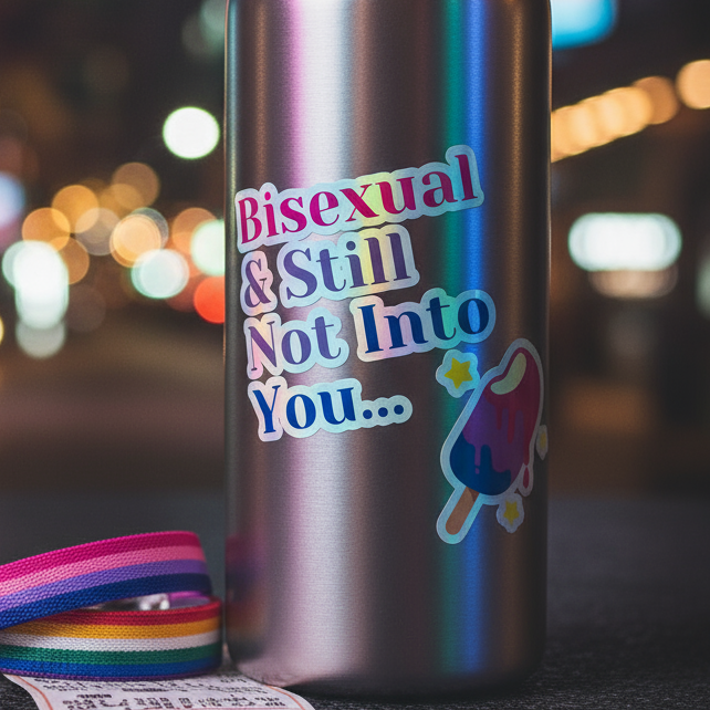 Holographic travel bottle with Bisexual & Still Not Into You sticker, featuring a dripping popsicle design in bisexual-flag colors. Includes a rainbow-striped lanyard, embodying queer pride and self-expression.