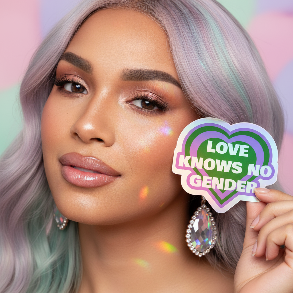 Close-up of a person holding a Love Knows No Gender holographic sticker with purple and green outline, reflecting rainbow light. The sticker embodies queer pride, empowerment, and self-expression.