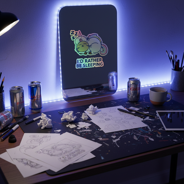A late-night artist's desk featuring I'D Rather Be Sleeping Holographic Stickers amid sketch sheets, markers, and soda cans, back-lit by LED lights, embodying vibrant queer self-expression and pride.