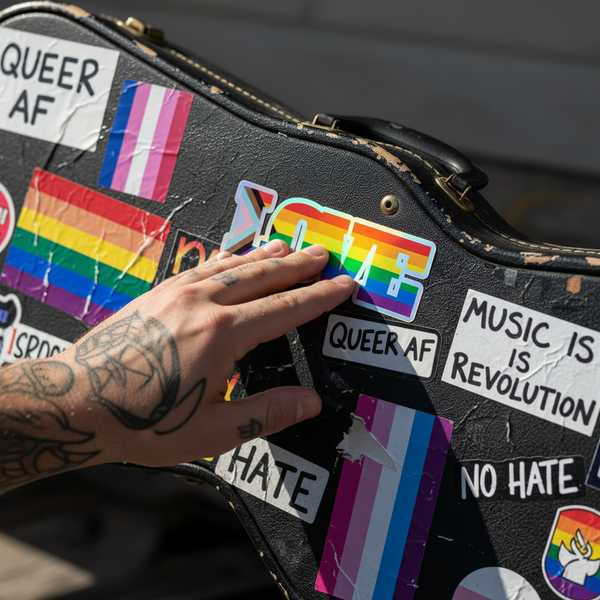 Tattooed hand adjusts a rainbow PRIDE sticker on a black guitar case covered with Progress LGBT Love Holographic Stickers, showcasing vibrant queer and trans pride symbols and slogans.