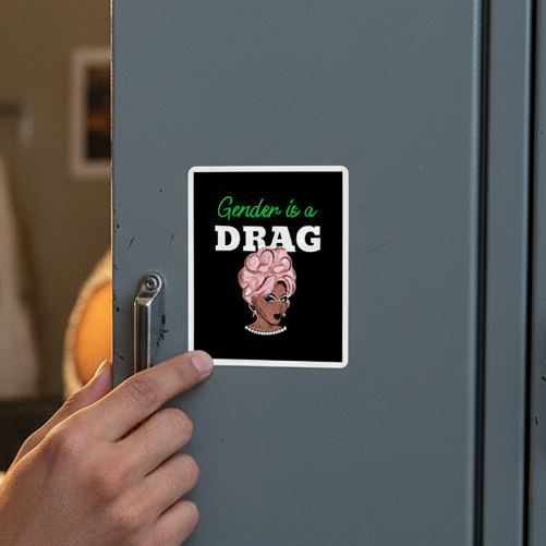 Bubble-free "Gender is a DRAG" sticker: pink-haired, glam queen with pearls on black. Slogan in green and white. Queer vibes.