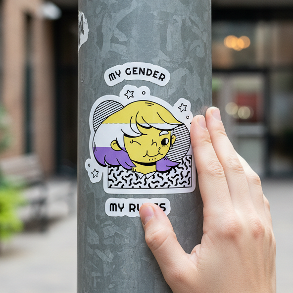 My Gender My Rules" bubble-free sticker with a cartoon face in nonbinary flag colors, stars, and text placed on a gray pole.