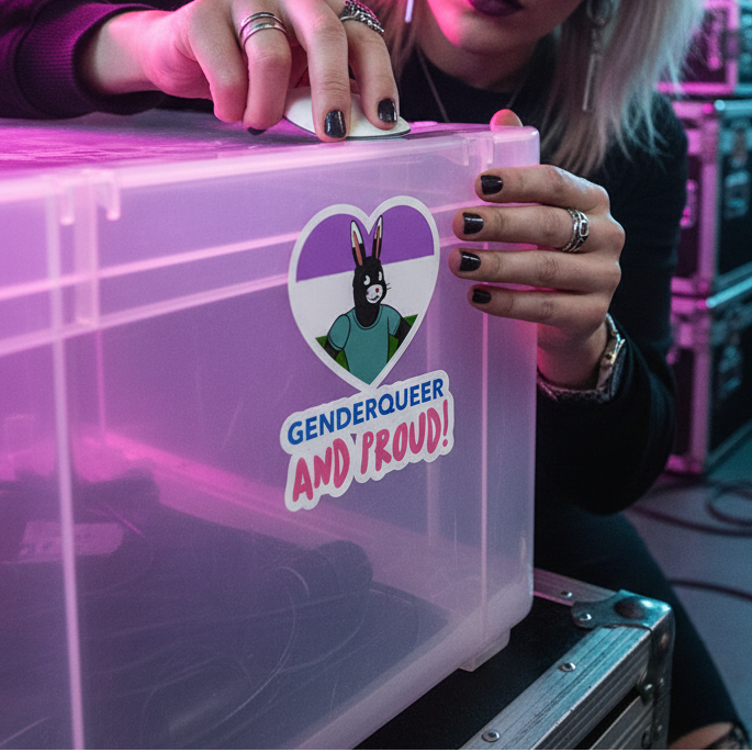 Genderqueer And Proud Bubble-Free Sticker on a clear box; cartoon animal, genderqueer flag, text: "Genderqueer and proud!.