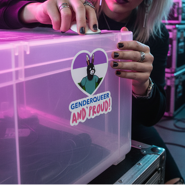 Genderqueer And Proud Bubble-Free Sticker on a clear box; cartoon animal, genderqueer flag, text: 
