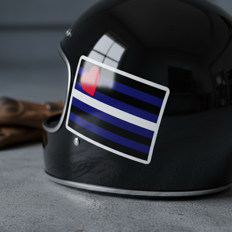 Bubble-Free Sticker with Leather Pride flag—blue, black, white stripes, red heart—on a black helmet; brown gloves in back.