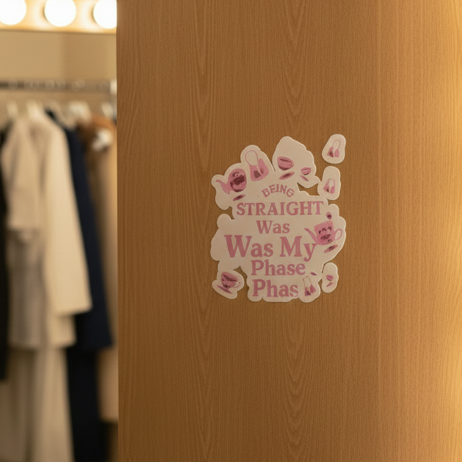 Being Straight Was My Phase" bubble-free sticker with pink text and lipstick marks on light wood; queer clothes, vanities blurred behind.