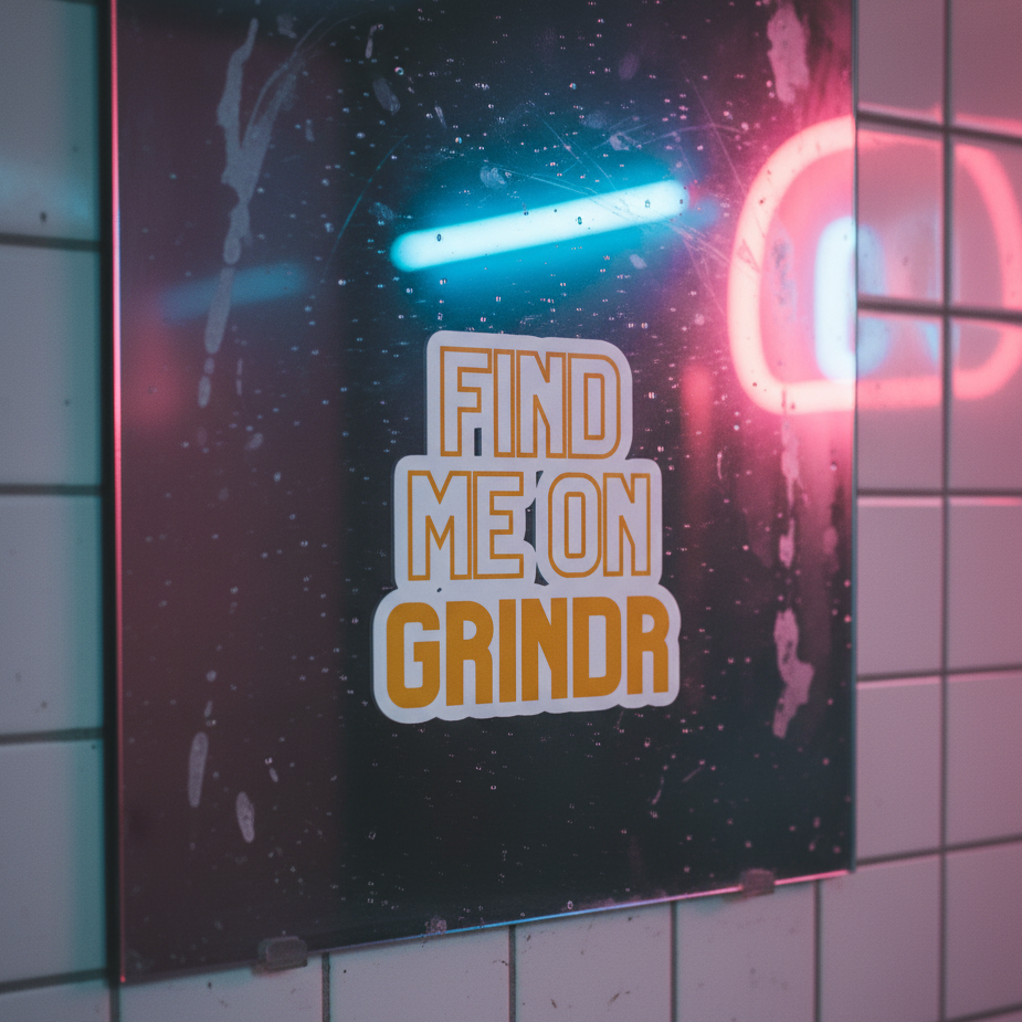 Bubble-free vinyl sticker reading “Find Me On Grindr” in bold yellow and white, glowing neon pink and blue on a tiled wall, with visible smudges.