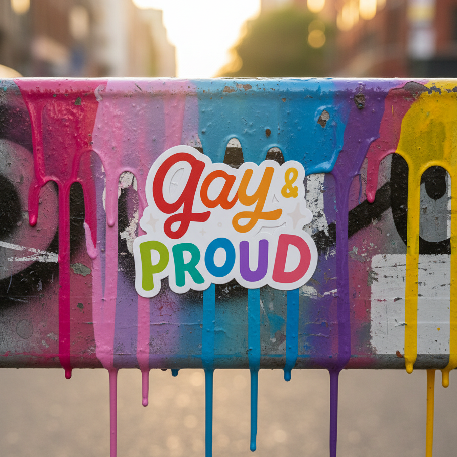 Gay & Proud bubble-free sticker on a metal barrier streaked with rainbow paint, glowing at sunset over a blurred queer city street.