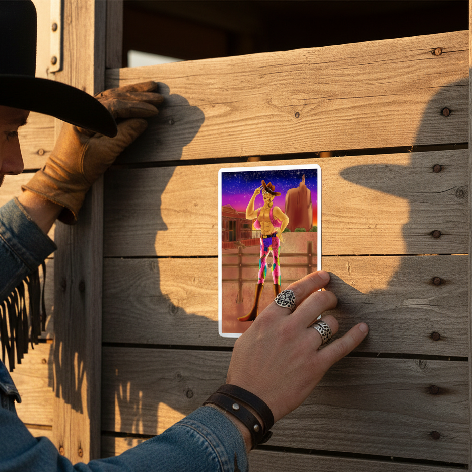 Bubble-free sticker with a bold sunset cowboy scene, held by someone in a cowboy hat and leather gloves on a wooden fence, serving queer vibes.