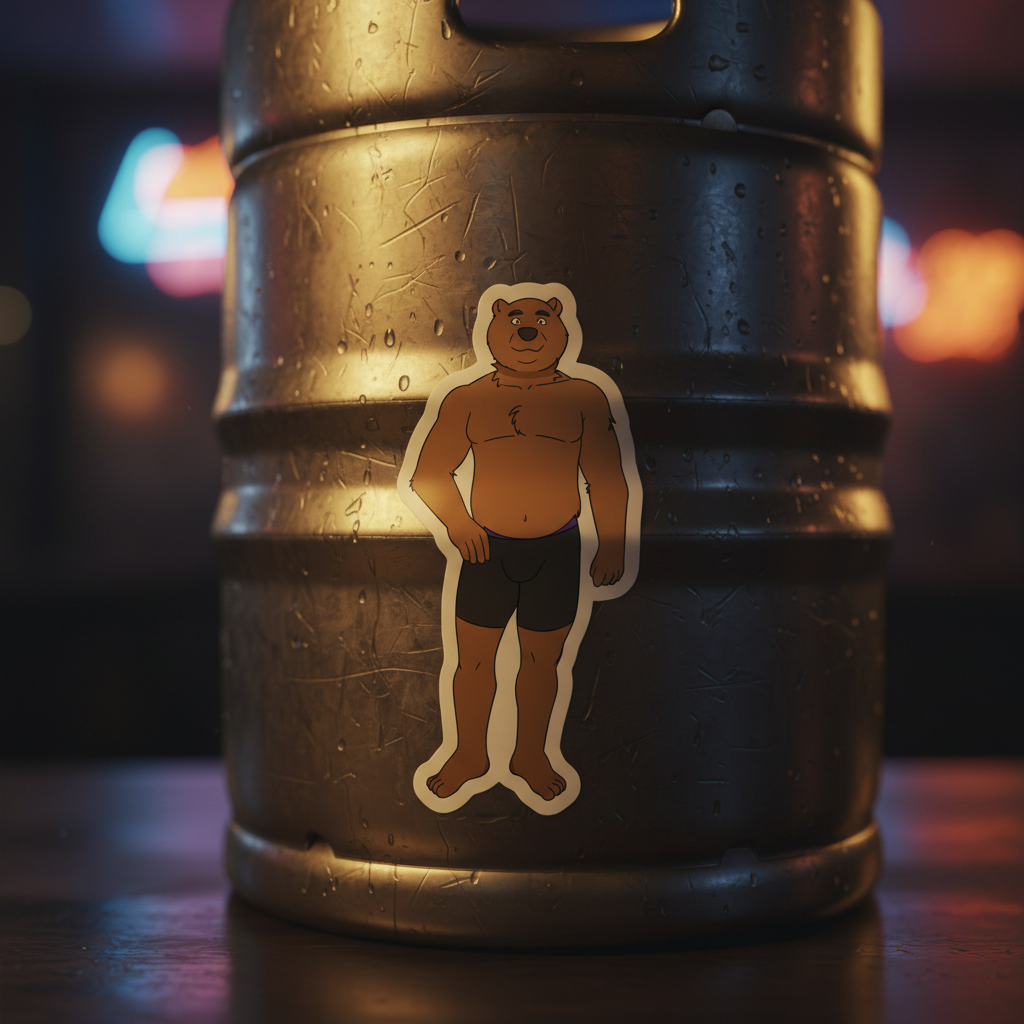 Gay Cub Bubble-Free Sticker on a condensation-covered metal beer keg, with a cute bear in black shorts; neon-lit queer bar vibes behind.