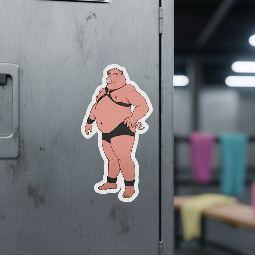Bubble-Free Sticker of a buff figure in black harness, briefs, pig nose, and ears on a gray locker in a vibrant queer locker room.
