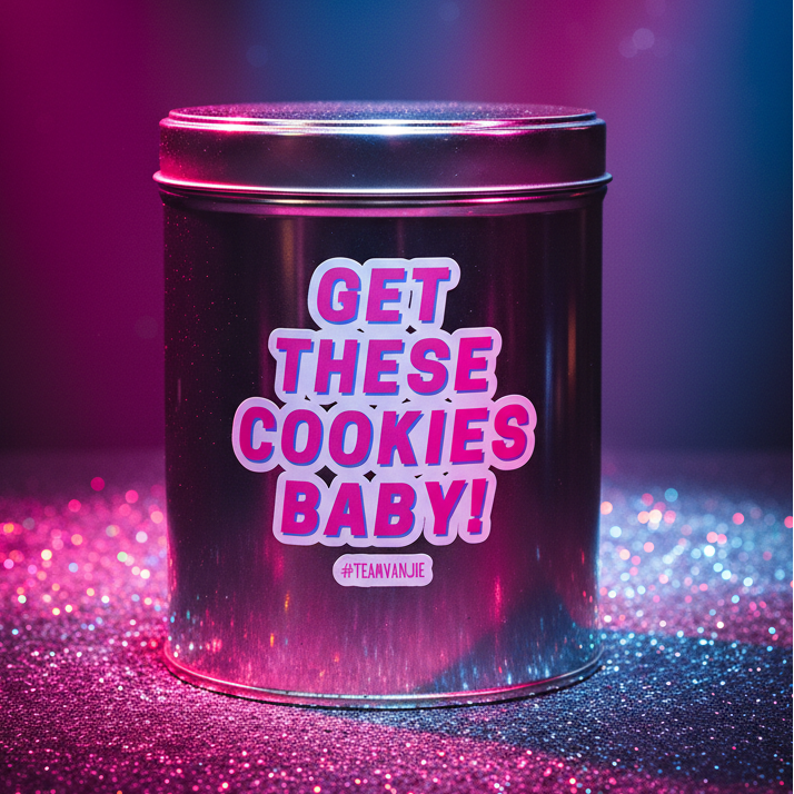 Bubble-free vinyl stickers with bold "GET THESE COOKIES BABY!" and #TEAVANJIE, on a glittery backdrop in pink and blue light.