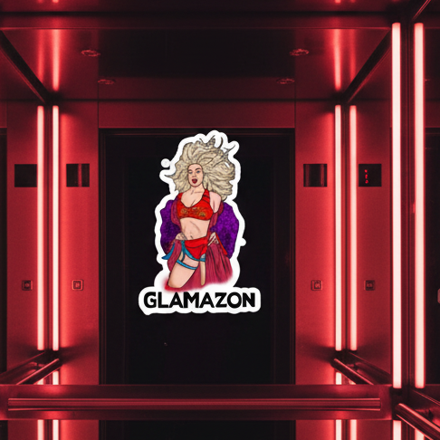 Vinyl Glamazon Bubble-Free Sticker featuring a fierce drag queen with voluminous blonde hair, bold makeup, and a red-purple outfit, popping against a glossy black elevator door under dramatic red lighting, with “GLAMAZON” shining below.