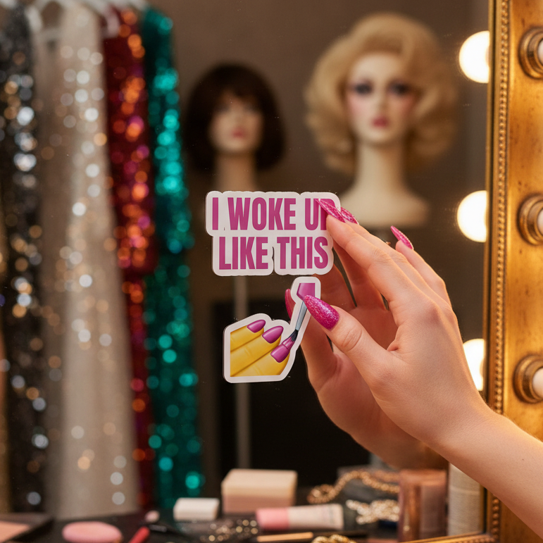 “I Woke Up Like This Bubble-Free Sticker” held by a manicured, painted hand near a lit makeup mirror, wigs and sparkly dresses reflected.