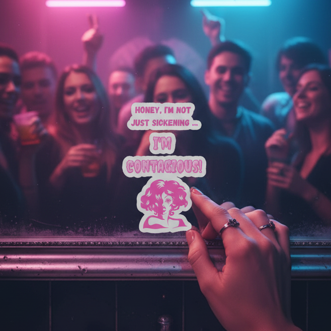 Bubble-free sticker reading “Honey, I’m not just sickening... IM CONTAGIOUS!” held by a ringed hand in neon-lit queer club.