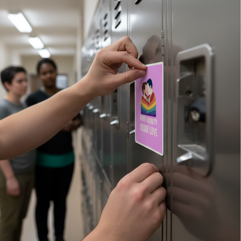 LGBT Couple Bubble-Free Sticker on a locker shows two hugging over a rainbow heart with “True Equality, More Love” in a school hallway.