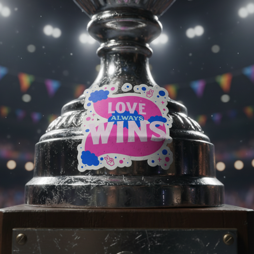 Bubble-Free Sticker reads "Love Always Wins" in bold pink and blue on colorful vinyl, perched on a shiny trophy; queer pride vibes.