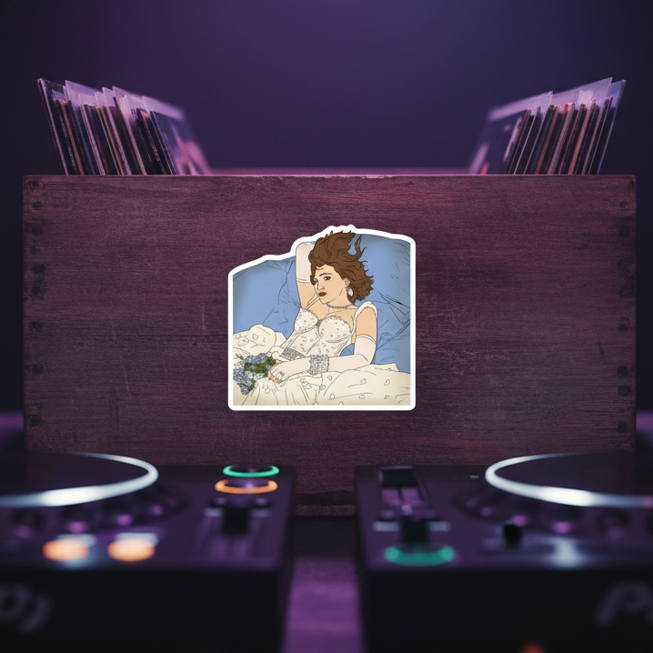 Madonna Like A Virgin Bubble-Free Sticker on a wooden crate of vinyl; shows a woman in white dress and veil with purple-lit DJ gear.