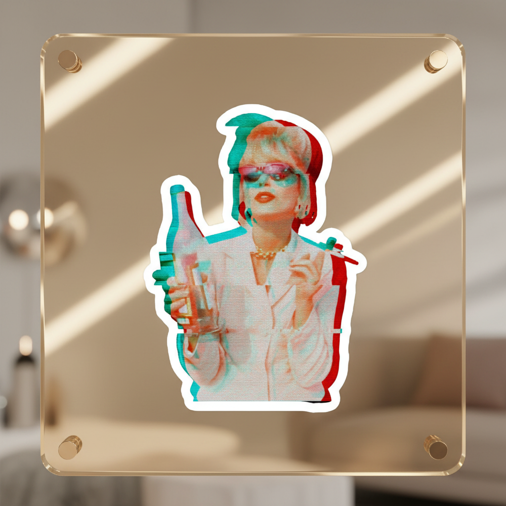 Square acrylic panel with metal corners displays a Patsy Stone "Absolutely Fabulous" sticker—retro glam queen, sunglasses, headscarf, bottle in hand—against a softly lit beige room.