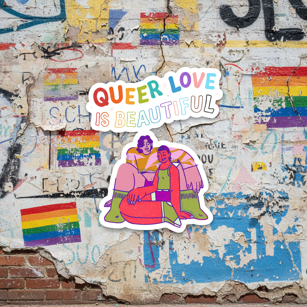 Queer Love Is Beautiful Bubble-Free Stickers pop on a weathered wall with faded pride flags; one reads “Queer Love Is Beautiful” in rainbow text, the other shows two queer cuties with pride flags behind them.