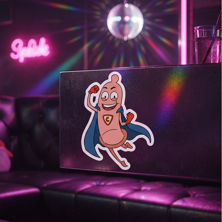 Super Condom Bubble-Free Stickers show a grinning cartoon condom hero in blue cape and red boots, against black wall with neon pink "Splash" sign, disco ball, and side table drink—serving cheeky queer bar vibes.