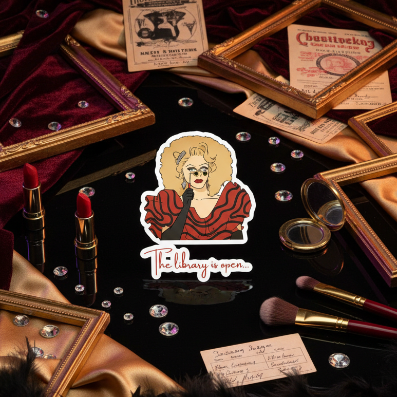 Bubble-free vinyl sticker: bold, queer RuPaul in red and black, glasses, big hair, “The library is open”; on black with gems.