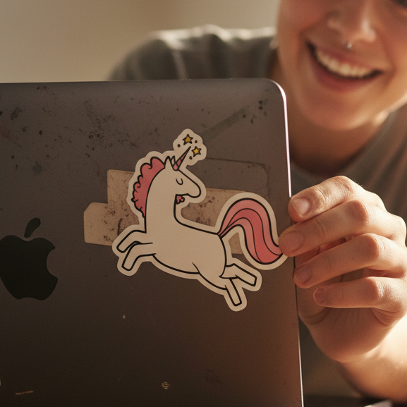 Unicorn Bubble-Free Sticker—bold white unicorn, pink mane and tail, glittery horn—covers scuffed Apple logo on vinyl-skinned laptop.