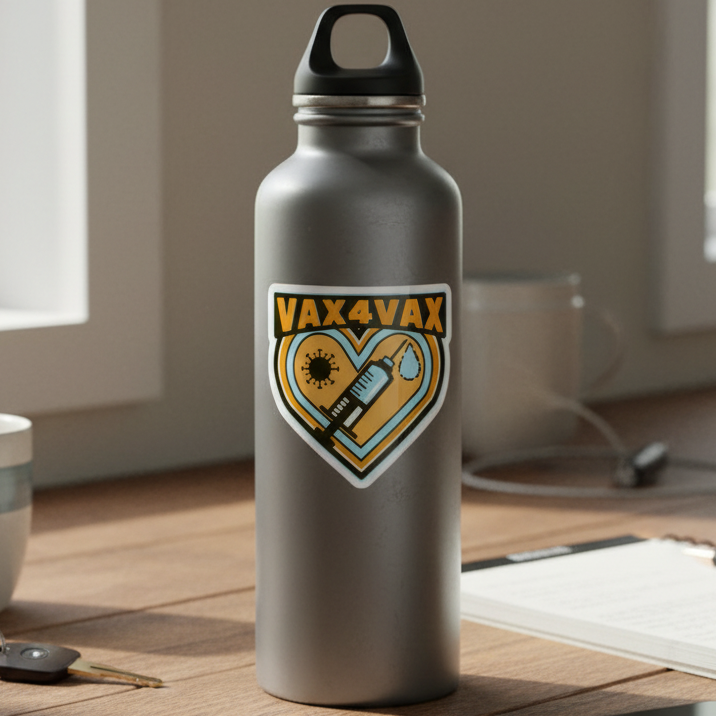 Silver water bottle on wood table sports a "Vax 4 Vax" sticker with heart, syringe, and virus. Mug, notepad, pencil in back.