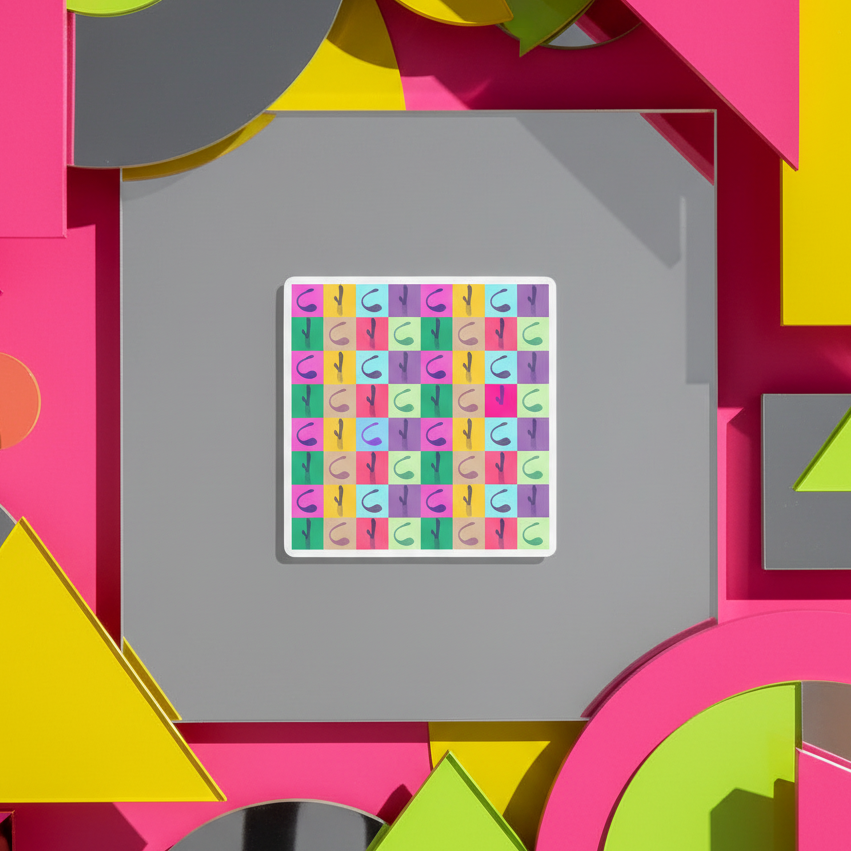 Bubble-free vinyl sticker showing a vibrant grid of abstract, colorful shapes on a gray square—playful queer pop art energy.