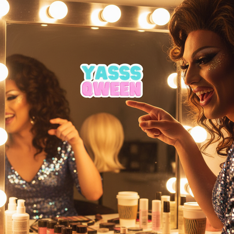 Yas Qween! Bubble-Free Stickers at a lit vanity with drag performer, sparkling makeup, wavy wig, coffee cups, “YASSS QWEEN.”.