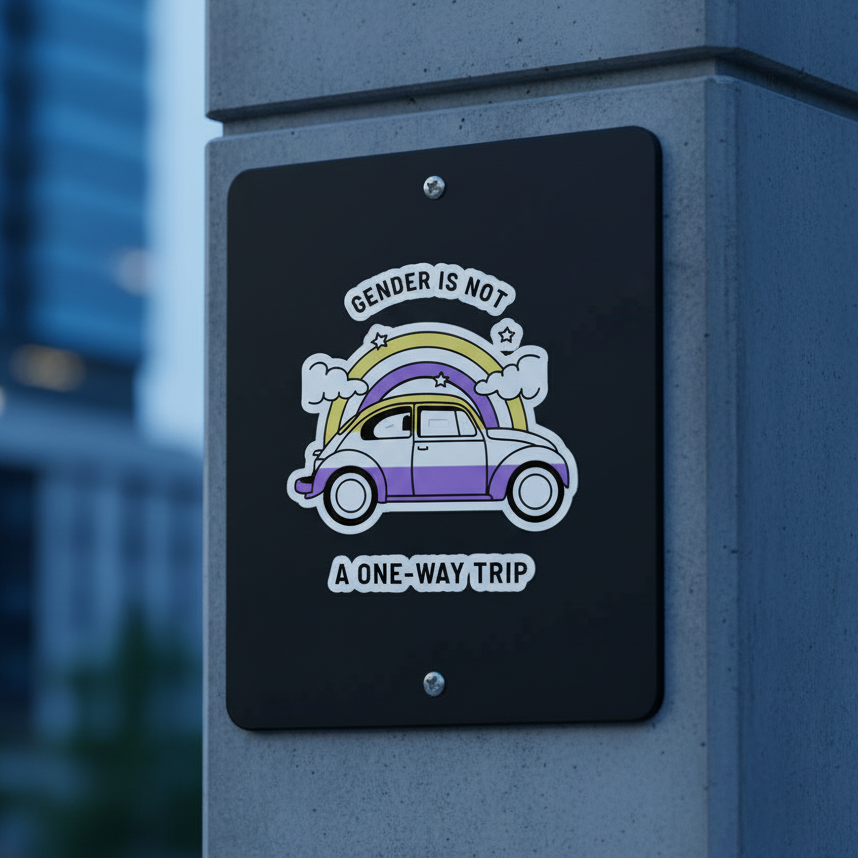 Bubble-free sticker with “Gender Is Not a One-Way Trip” text, rainbow, and purple car