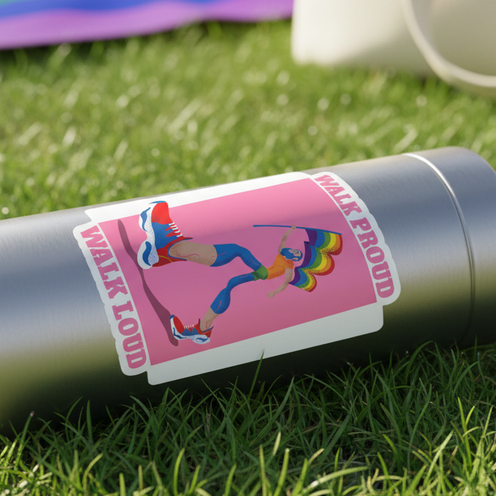 Bubble-Free "WALK PROUD WALK LOUD" sticker with rainbow-clad person and pride flag on metal water bottle, sitting on grass.