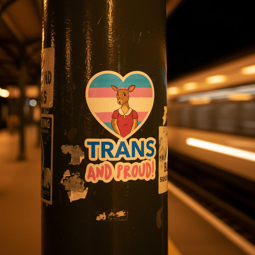 Bubble-free “TRANS AND PROUD!” sticker on a subway pole, with a trans flag heart, kangaroo in red shirt, blue and pink text.